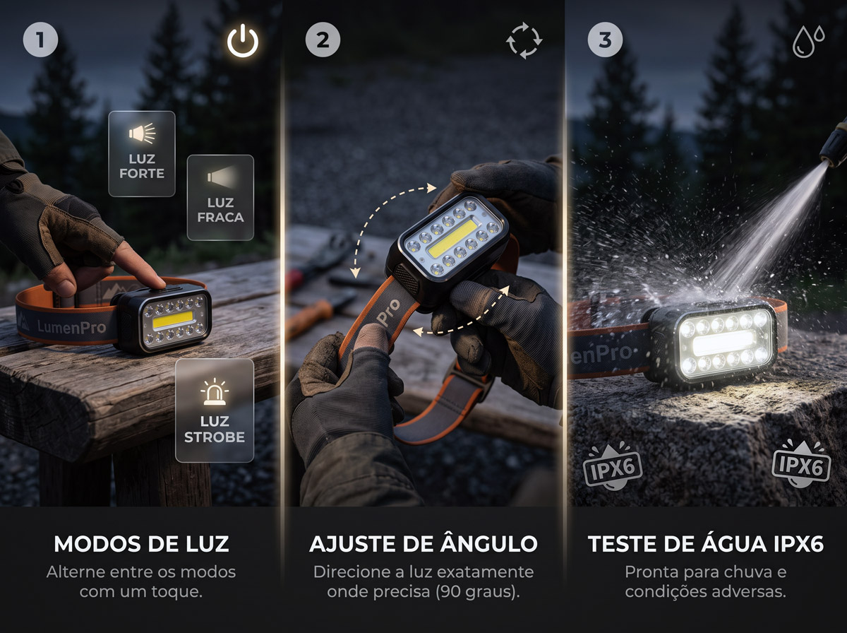 Guia em três passos para usar a lanterna LumenPro: modos de luz, ajuste de ângulo e teste de resistência à água IPX6