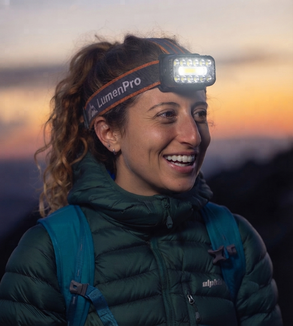 Utilizadora com a lanterna frontal LumenPro acesa ao anoitecer na montanha