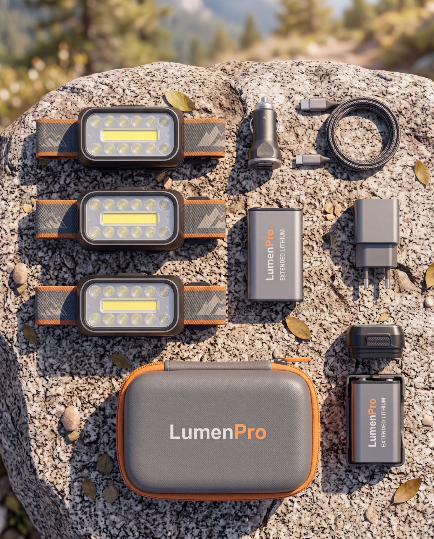 Kit Lumen Pro completo com 3 lanternas de cabeça LED, baterias, cabos e estojo