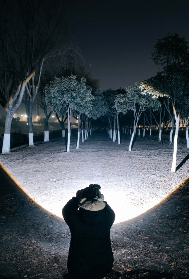 Feixe de luz da LumenPro a iluminar um trilho florestal à noite